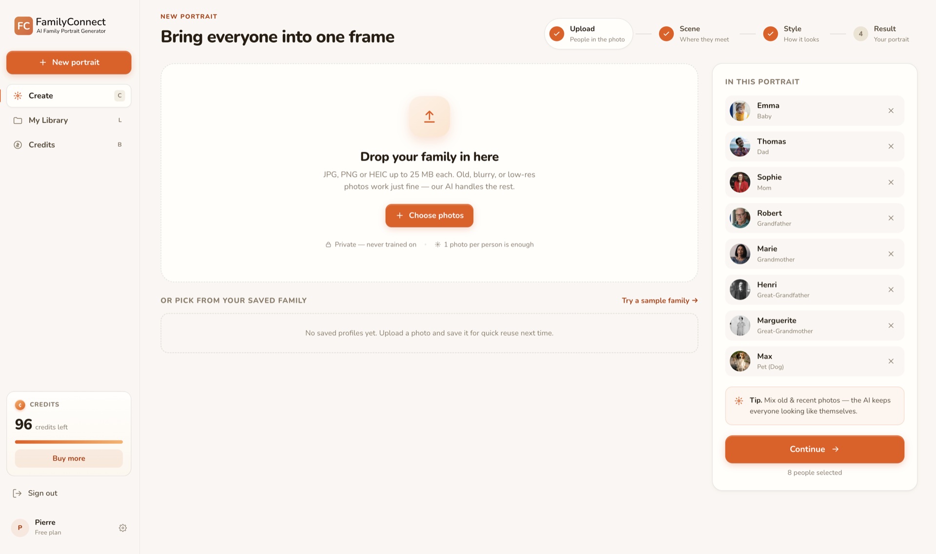 FamilyConnect — AI family portrait generator app, upload screen