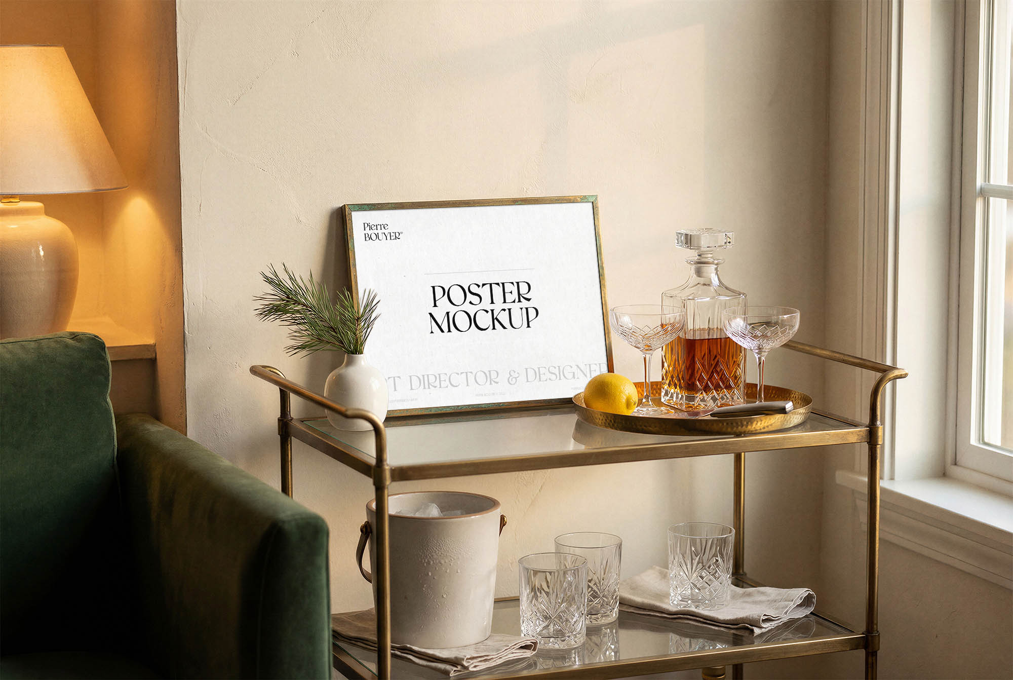 Luxury frame mockup in mountain chalet interior setting